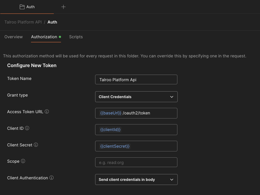 Postman OAuth 2.0 client credentials token setup