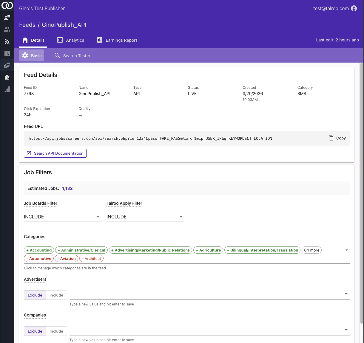 TAP feed details and configuration
