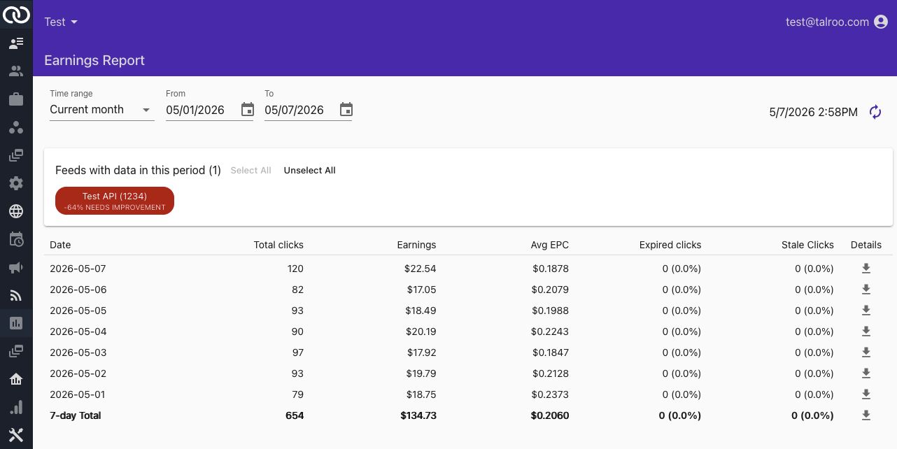 TAP Earnings Report: filters, feeds with data selector, daily table with Details download column